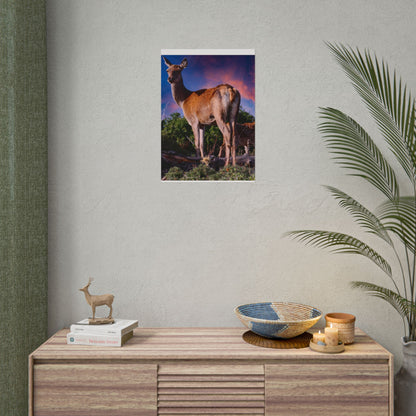 Majestic Deer Sunset Poster, Wild Doe and Fawn Nature Art, Purple Sky Wildlife Photography, Aesthetic Forest Wall Decor