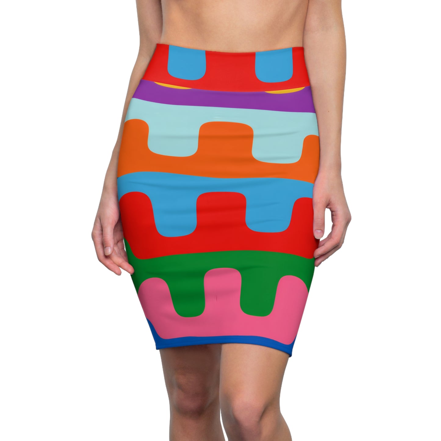 Colorblock Wave Pencil Skirt — Bold Abstract Pattern Women's Skirt
