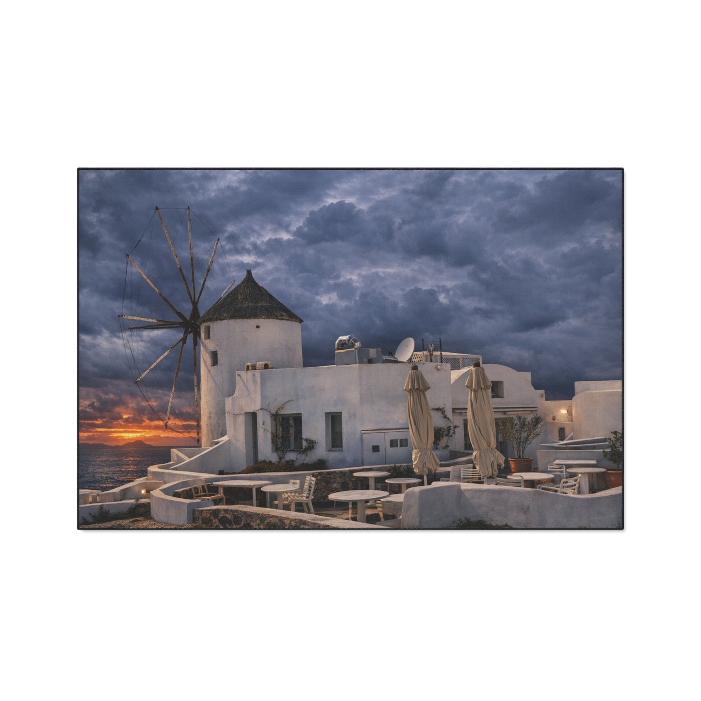 Oia Santorini Windmill Floor Mat — Mediterranean Coastal Sunset Home Decor