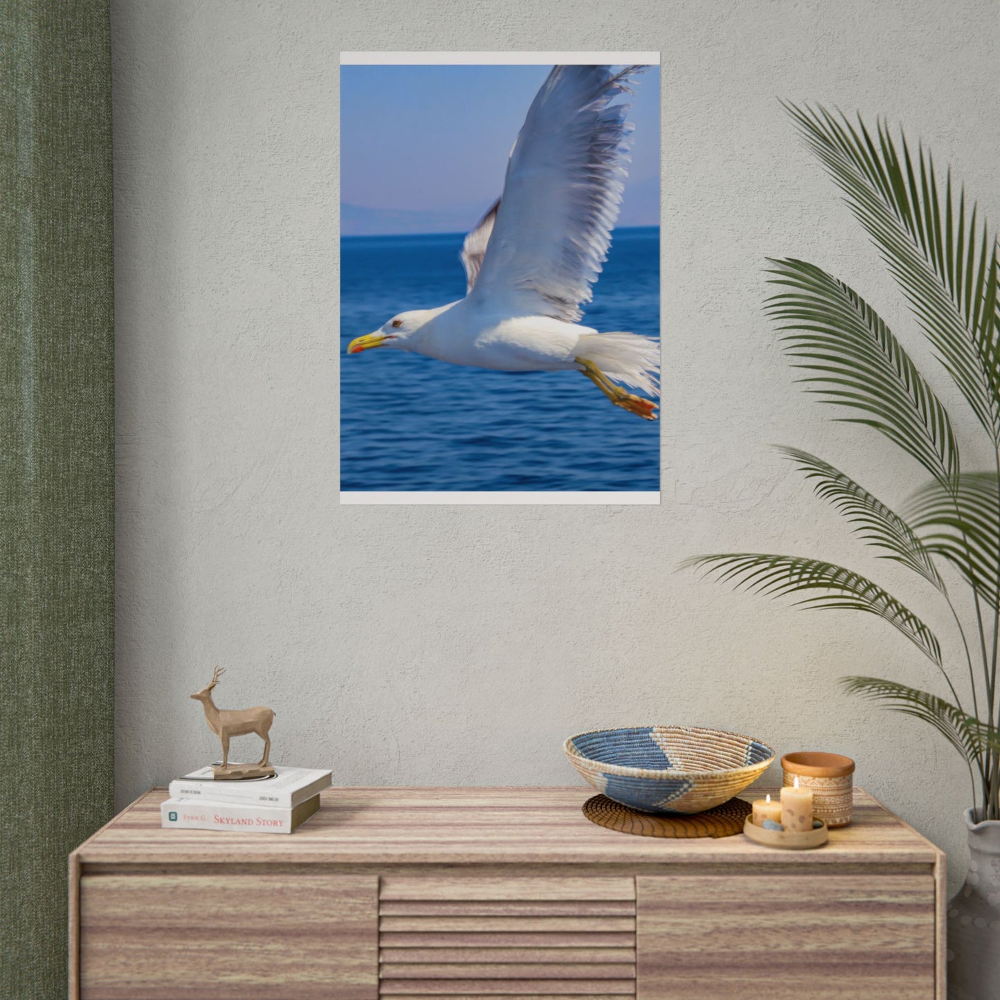 Seagull in Flight Poster, Ocean Blue Sea Wall Art, Coastal Bird Photography Print, Mediterranean Nautical Decor, Minimalist Beach House Art