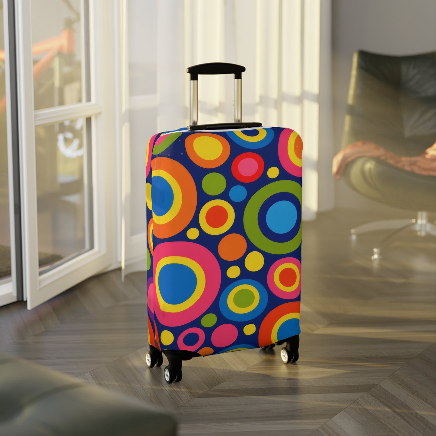 Colorful Retro Circles Luggage Cover — Bright Travel Suitcase Protector