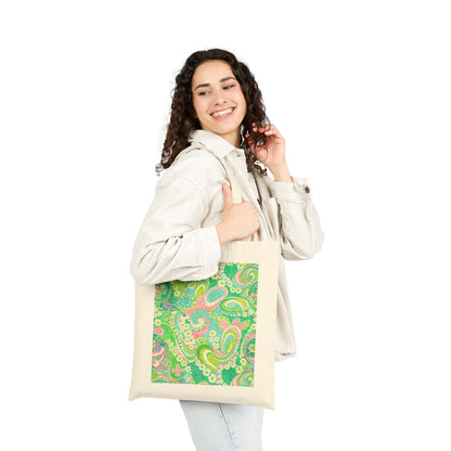 Green Paisley Canvas Tote Bag — Retro Floral Eco Shopping Tote