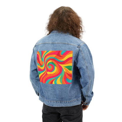 Men's Denim Jacket — Colorful Psychedelic Swirl Back Print | Retro 70s Art
