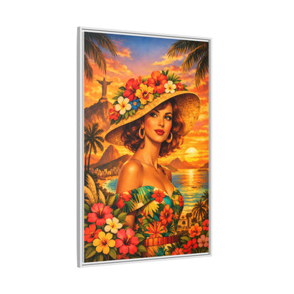 Elegant glamorous vintage woman in Rio de Janeiro front of Christ the Redeemer statue, retro Brazilian travel fashion illustration Canvas — Framed