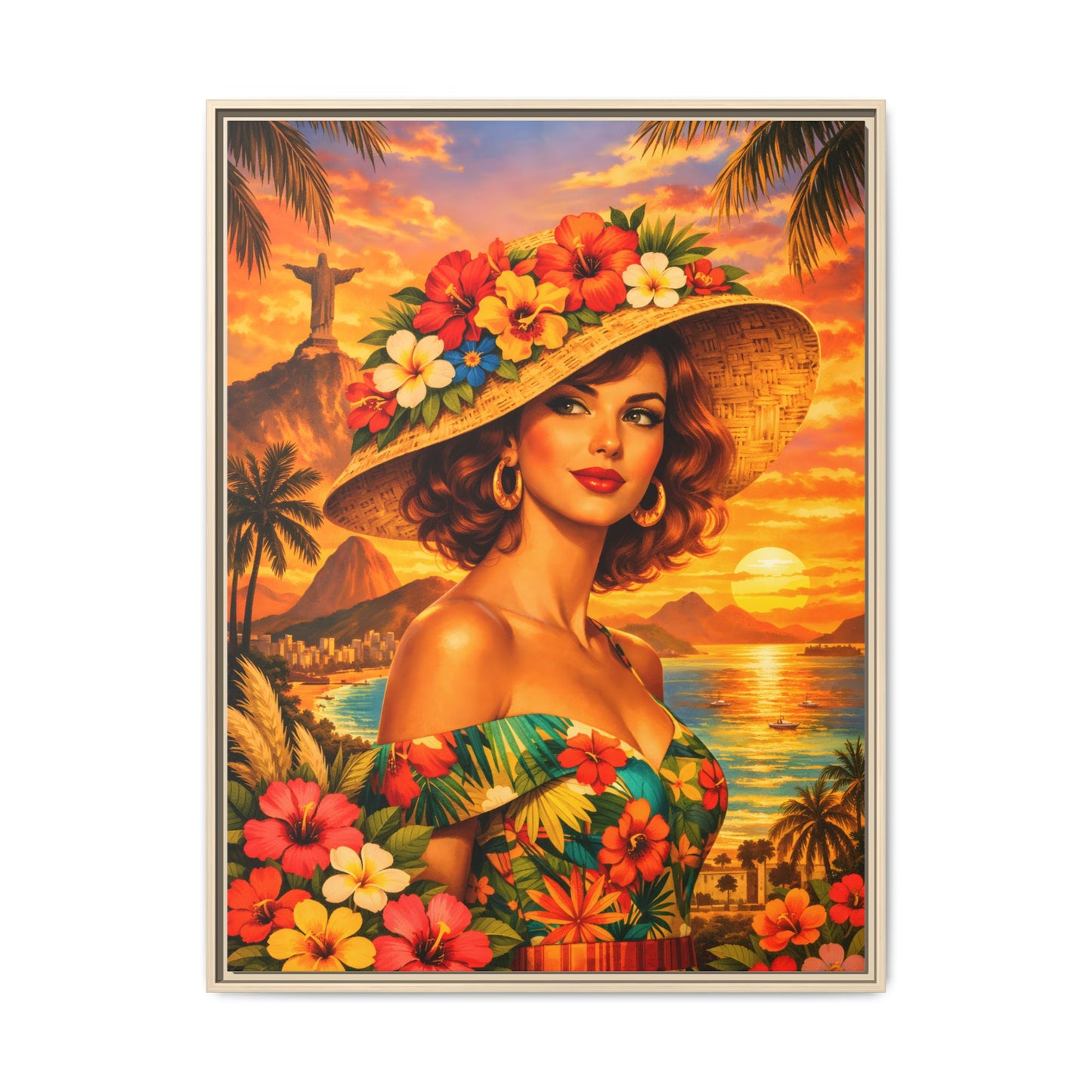 Elegant glamorous vintage woman in Rio de Janeiro front of Christ the Redeemer statue, retro Brazilian travel fashion illustration Canvas — Framed