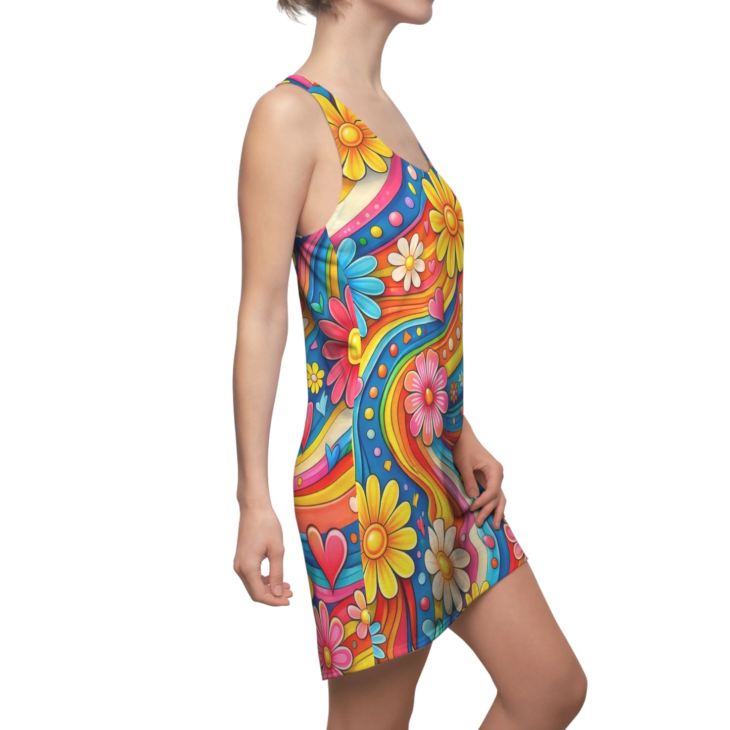 Psychedelic Floral Racerback Dress — Retro 60s Flower Power All-Over Print