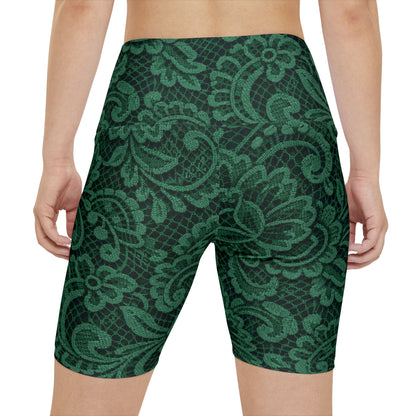 Green Lace Floral Women's Workout Shorts — High-Waist Activewear