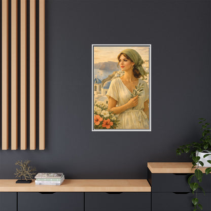 Oia Santorini Greek Woman Portrait — Romantic Vintage Framed Matte Canvas Art