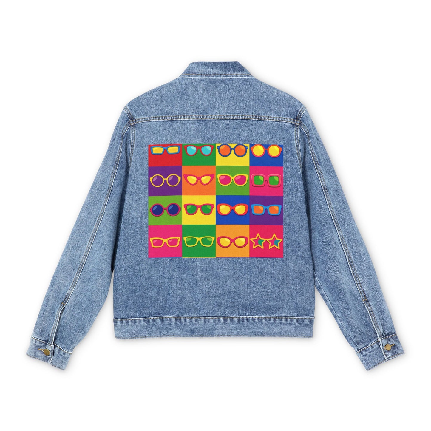 Men's Denim Jacket — Colorful Pop Art Sunglasses Back Print | Retro Warhol Style