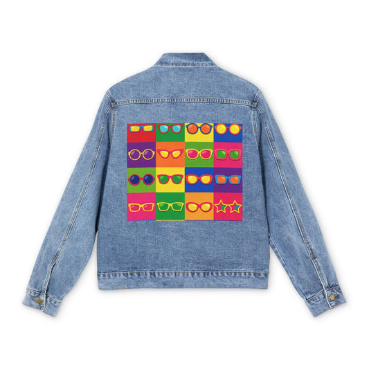 Men's Denim Jacket — Colorful Pop Art Sunglasses Back Print | Retro Warhol Style