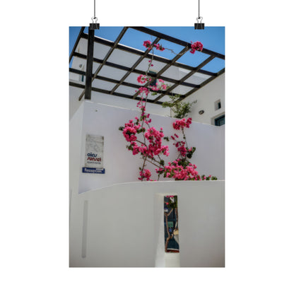 Santorini Bougainvillea Poster, Oia Greece White Architecture Art, Mediterranean Floral Wall Decor, Greek Island Photography Print Art Decor