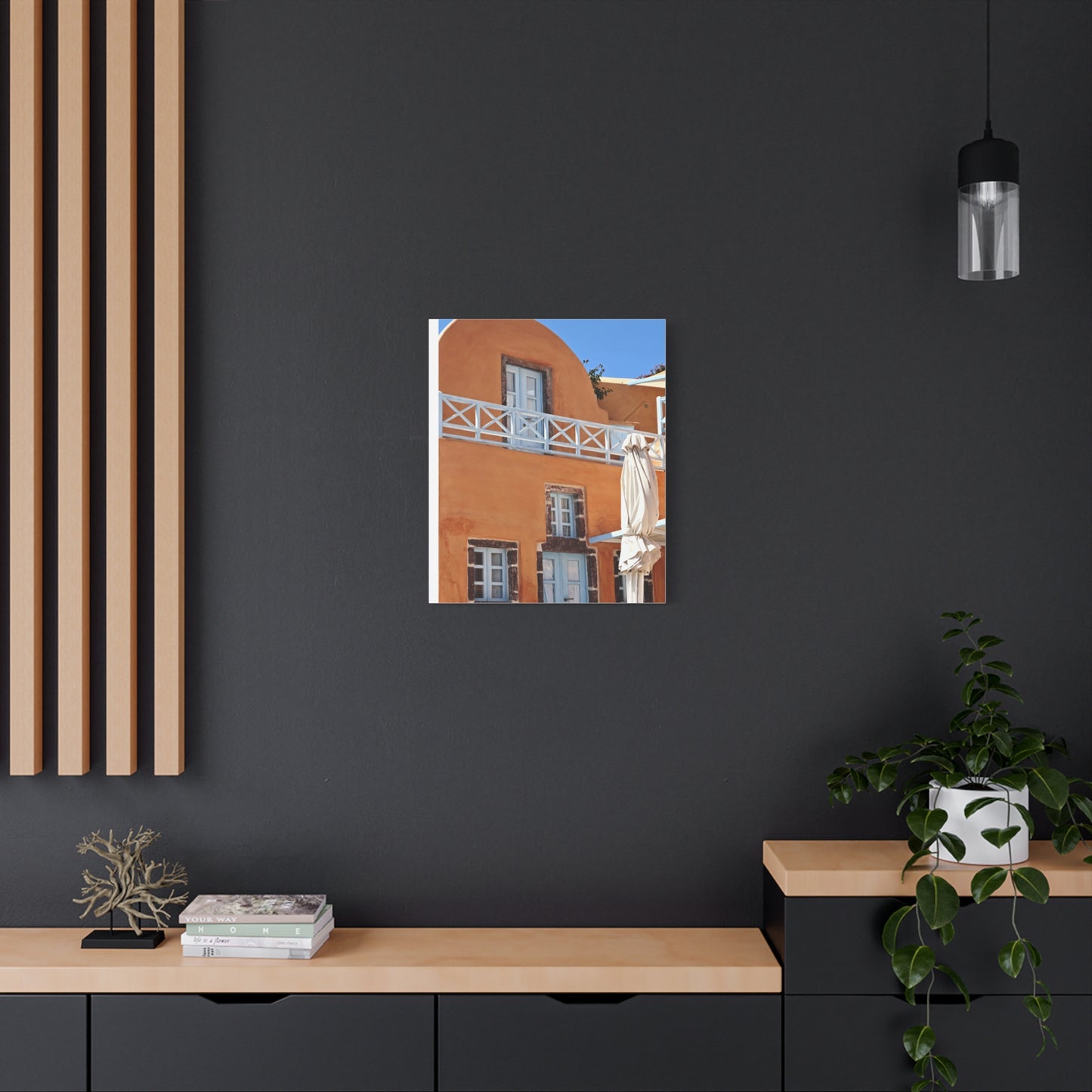 Oia Santorini Orange Facade Canvas — Mediterranean Terracotta Matte Wall Art