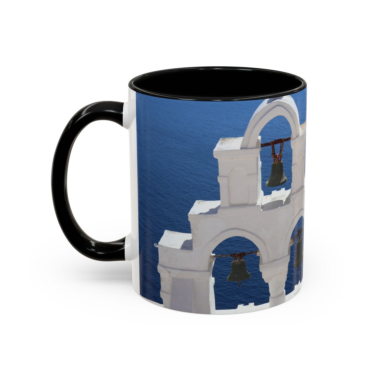 Santorini Bell Towers coffee mug | Greek island scene, blue sea accent mug