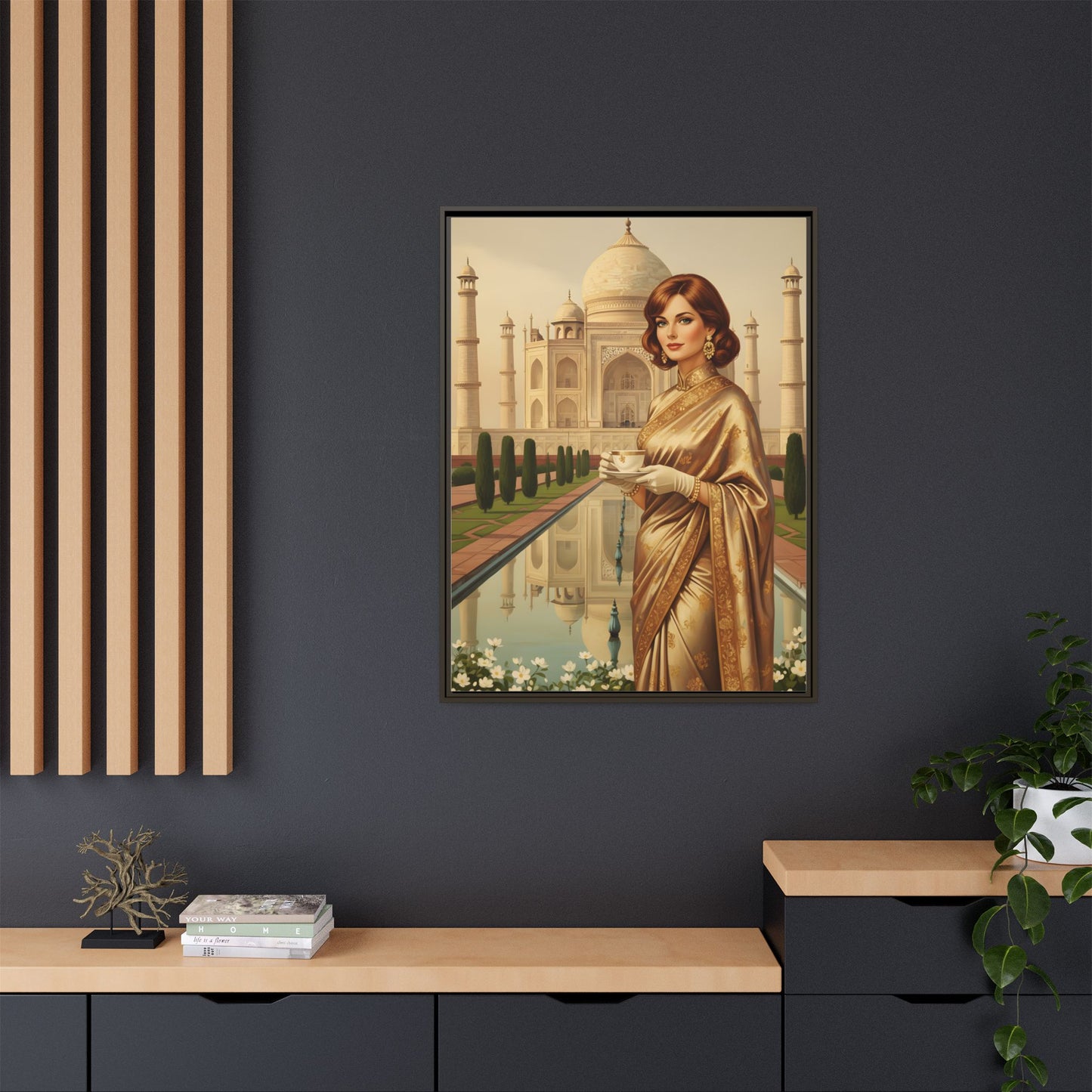 Taj Mahal Woman Portrait Matte Canvas — Framed Vintage Indian Travel Art