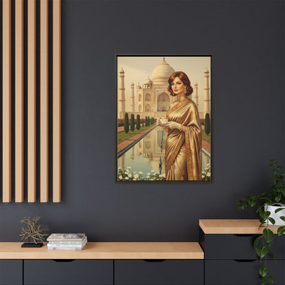 Taj Mahal Woman Portrait Matte Canvas — Framed Vintage Indian Travel Art