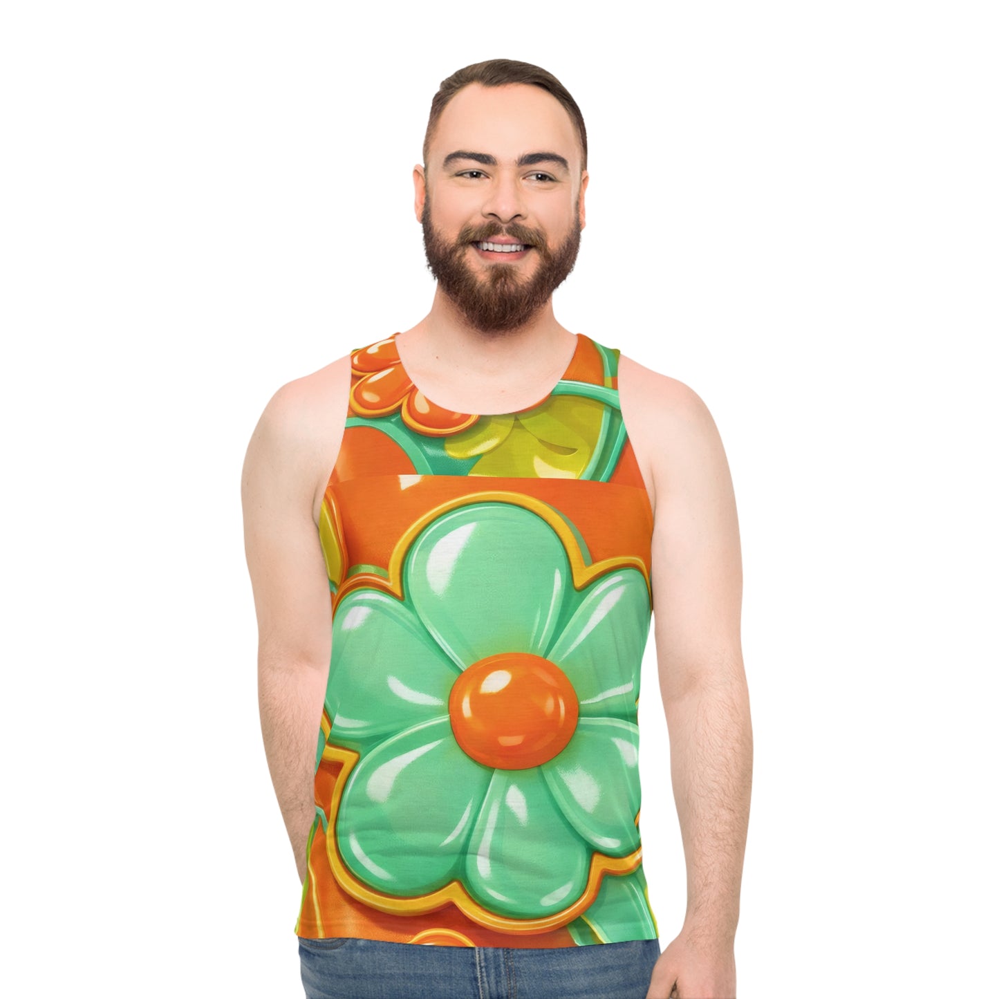 Retro Orange Green Floral Tank Top | Bright Flower Pattern All-Over Print