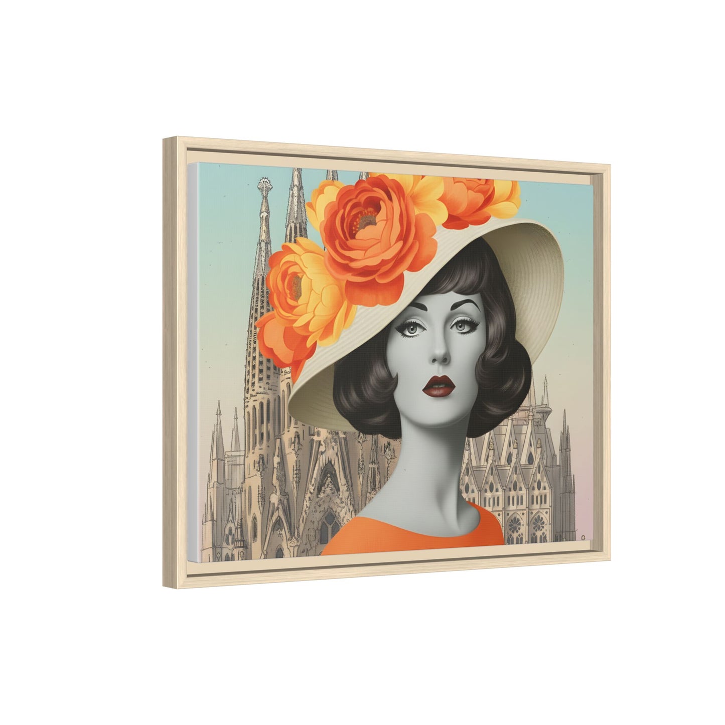 Elegant Vintage Woman with Coffee in front of Sagrada Familia in Barcelona — Retro Pop Art Framed Matte Canvas