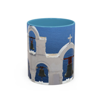 Santorini Bell Towers coffee mug | Greek island scene, blue sea accent mug