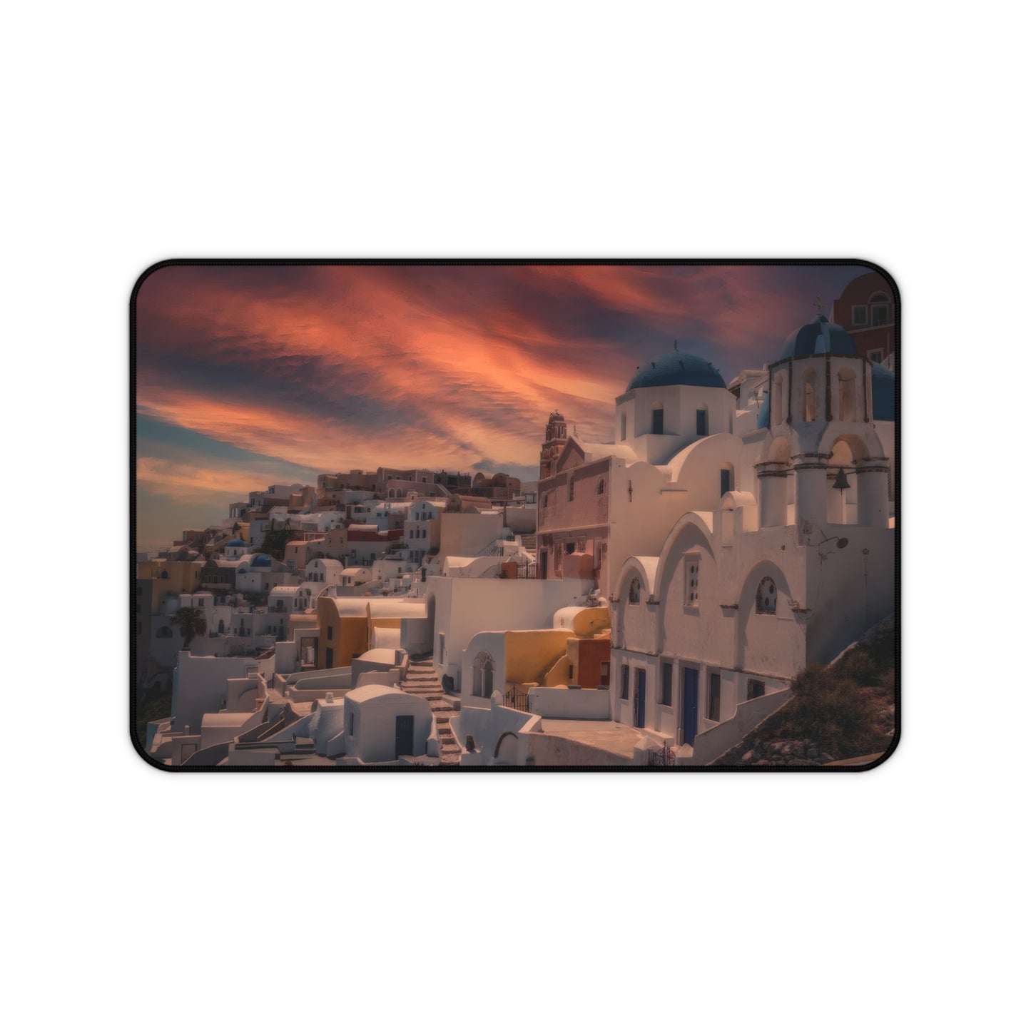 Santorini Sunset Desk Mat, Oia Greece Blue Dome Mouse Pad, Dreamy Mediterranean Sky Decor, Greek Island Office Gift, Large Aesthetic Deskpad