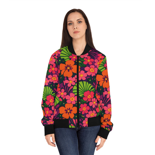 Floral Retro Bomber Jacket — Bright Pink & Orange All-Over Print