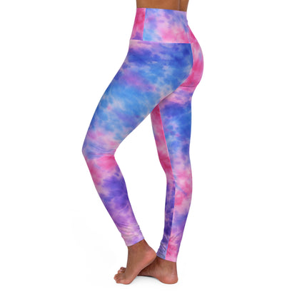 Tie-Dye High-Waist Yoga Leggings — Pink & Blue Cloud Print