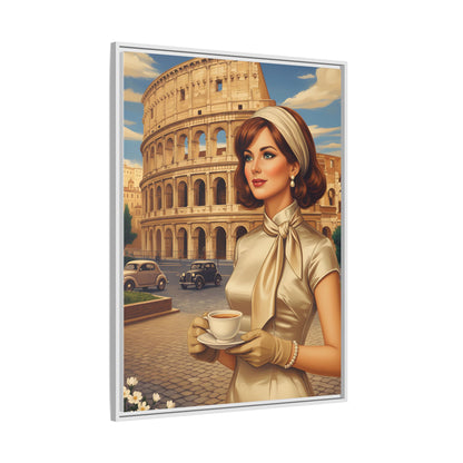 Elegant vintage woman drinking coffee in front of Colosseum in Rome Canvas Print