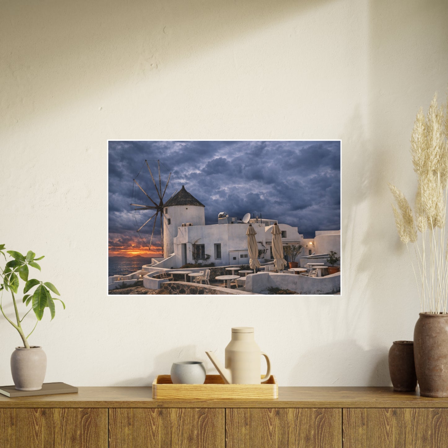 Oia Santorini Windmill Sunset Poster — Mediterranean Landscape Photo Art Print
