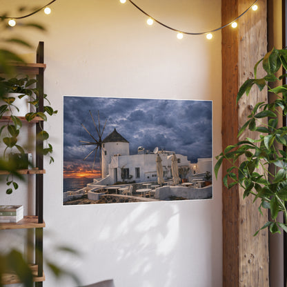 Oia Santorini Windmill Sunset Poster — Mediterranean Landscape Photo Art Print