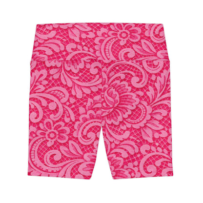 Floral Pink Women's Workout Shorts — High-Waist Athletic Biker Shorts