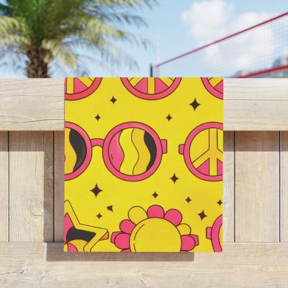 Retro Peace & Love Beach Towel — Yellow Floral Heart Paisley Pattern