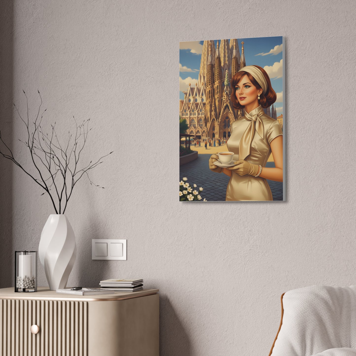 Elegant vintage woman drinking coffee in front of Sagrada Familia in Barcelona, retro fashion illustration Canvas Print - Stretched 1.5"