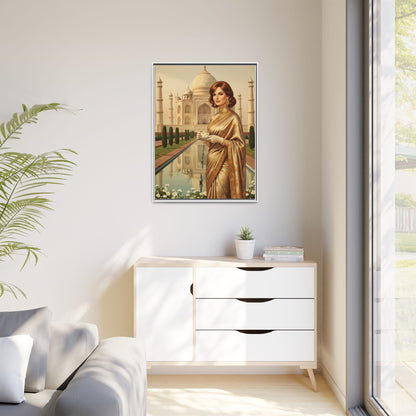 Taj Mahal Woman Portrait Matte Canvas — Framed Vintage Indian Travel Art