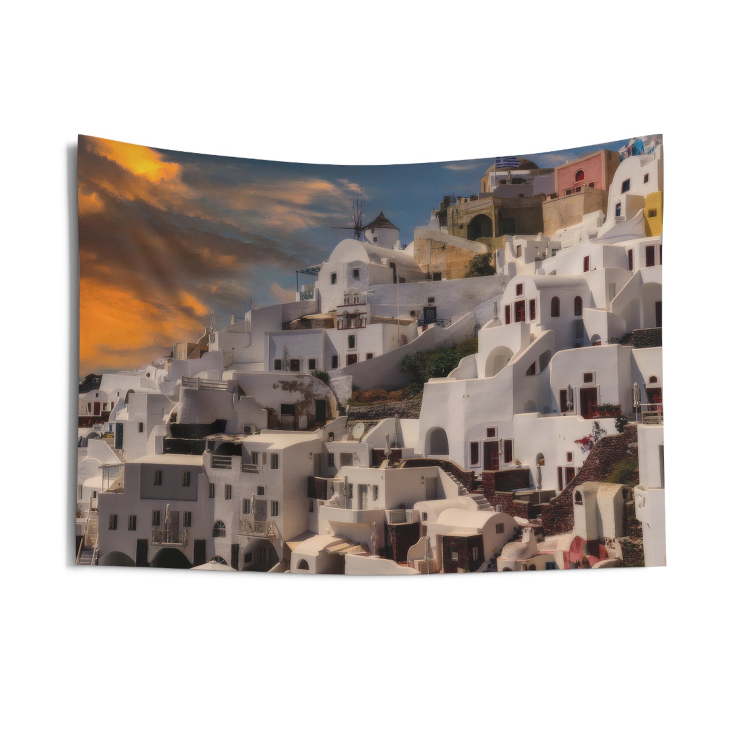 Santorini Village Sunset Indoor Wall Tapestry | Greek Island Landscape