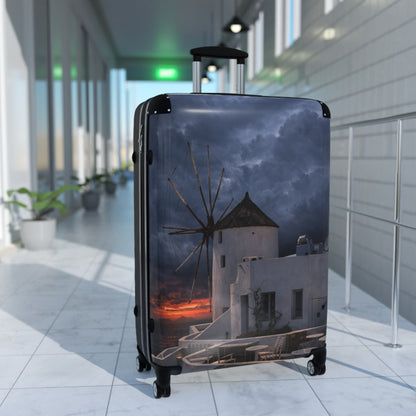 Oia Santorini Windmill Sunset Suitcase — Moody Greek Island Hard Shell Travel Luggage