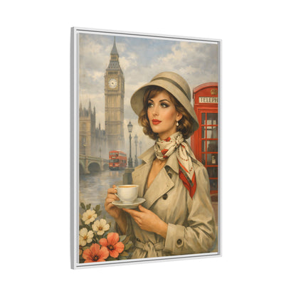 Elegant vintage woman drinking tea in front of Big Ben in London, retro British travel fashion illustration Matte Canvas