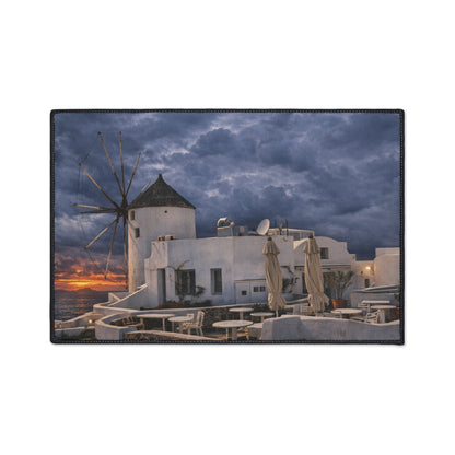 Oia Santorini Windmill Floor Mat — Mediterranean Coastal Sunset Home Decor
