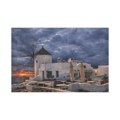 Oia Santorini Windmill Sunset Poster — Mediterranean Landscape Photo Art Print