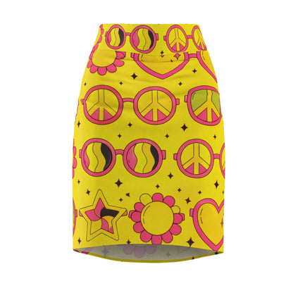 Retro 70s Hearts & Peace Pencil Skirt — Yellow Psychedelic Print