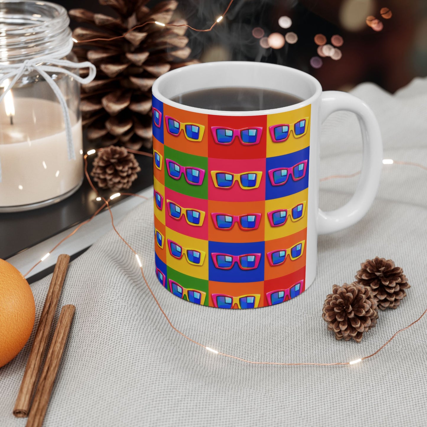 Retro Pop Art Sunglasses Mug — Colorful Patterned Ceramic Coffee Cup (11oz/15oz)