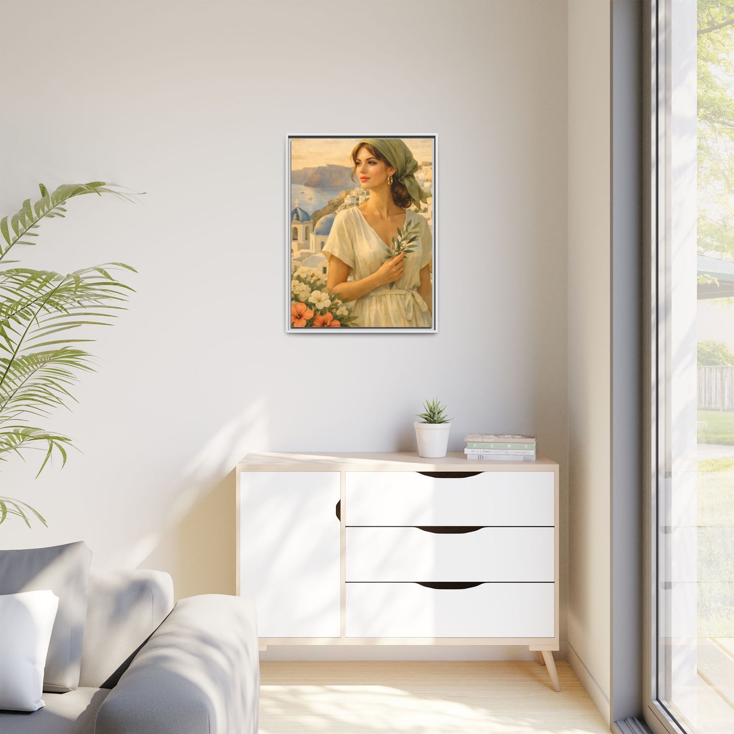 Oia Santorini Greek Woman Portrait — Romantic Vintage Framed Matte Canvas Art