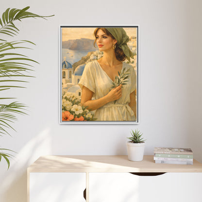 Oia Santorini Greek Woman Portrait — Romantic Vintage Framed Matte Canvas Art