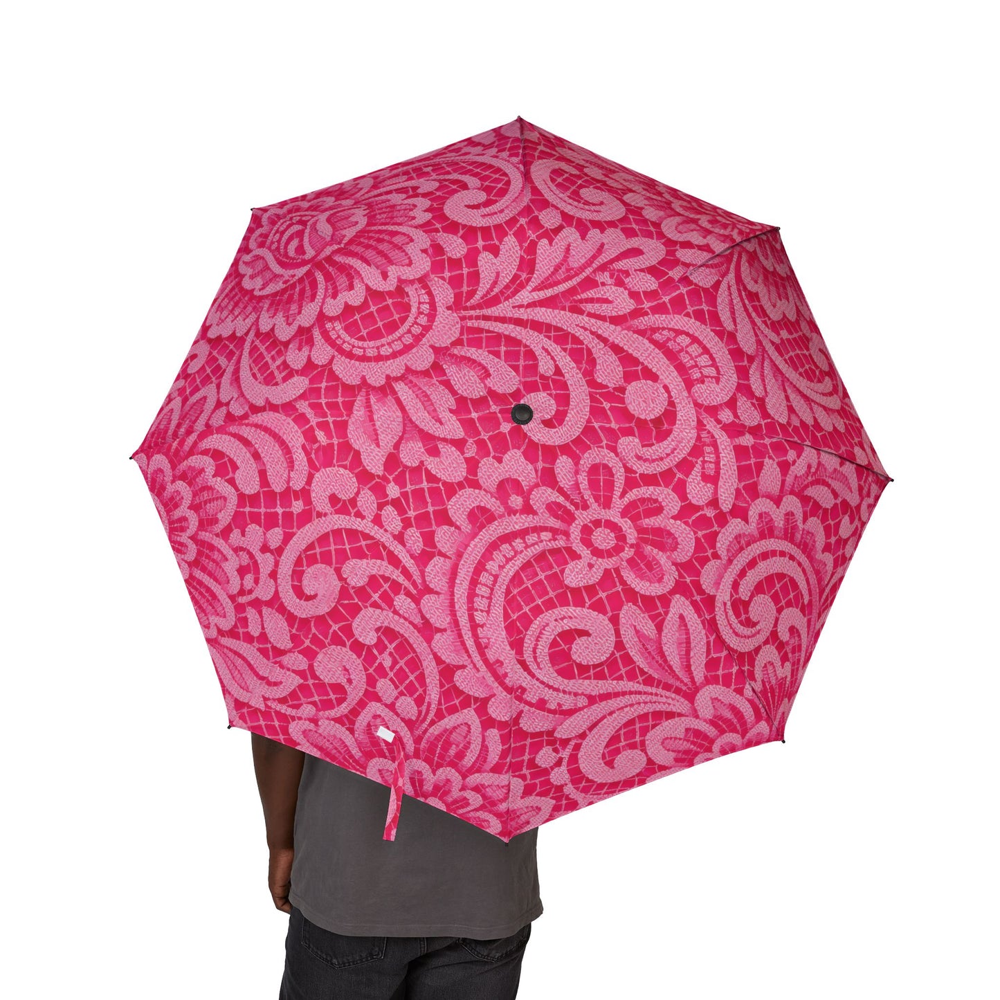 Pink Damask Foldable Umbrella — Compact Semi-Automatic Rain Parasol