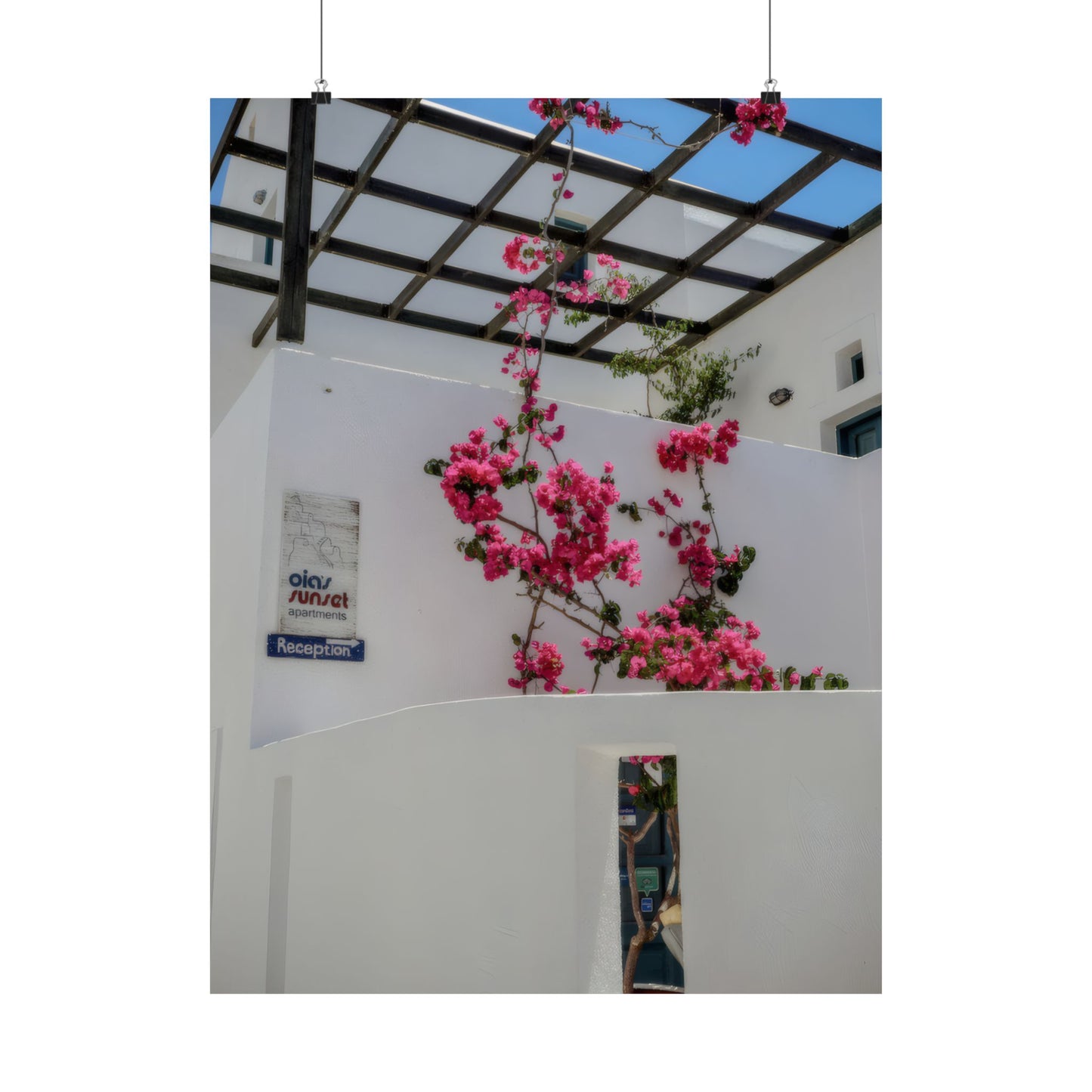 Santorini Bougainvillea Poster, Oia Greece White Architecture Art, Mediterranean Floral Wall Decor, Greek Island Photography Print Art Decor