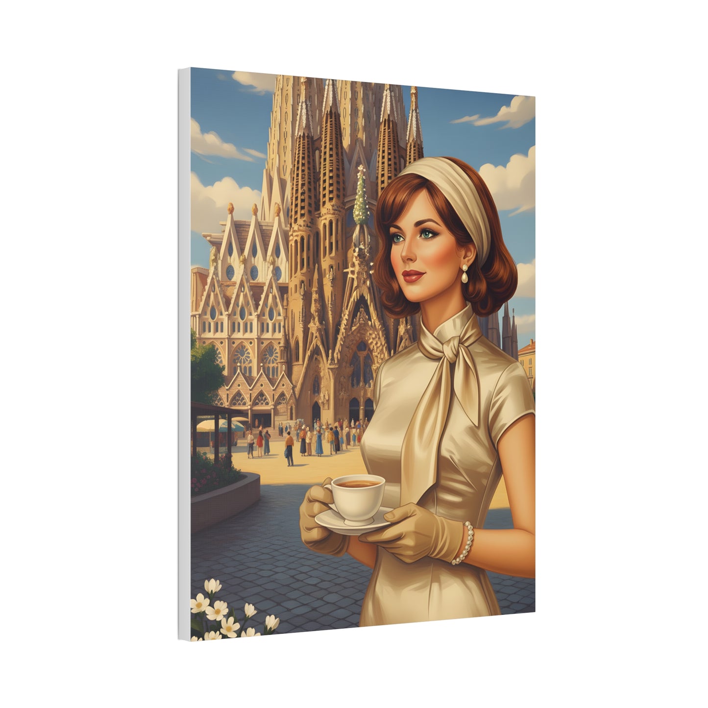 Elegant vintage woman drinking coffee in front of Sagrada Familia in Barcelona, retro fashion illustration Canvas Print - Stretched 1.5"