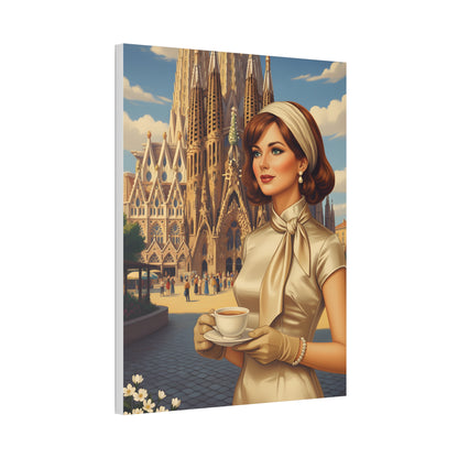Elegant vintage woman drinking coffee in front of Sagrada Familia in Barcelona, retro fashion illustration Canvas Print - Stretched 1.5"