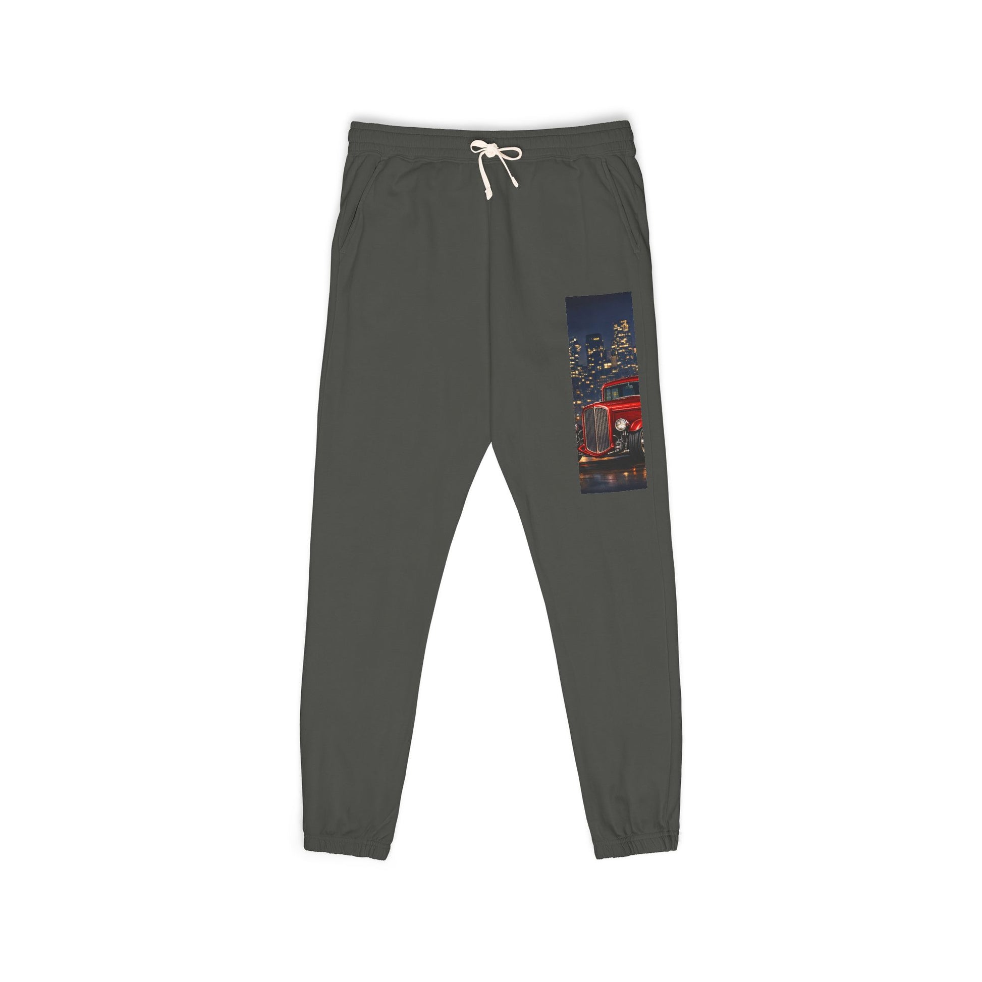 Gray sweatpants with a graphic of a red fire truck on a white background