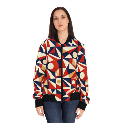 Bomber Jacket — Retro Geometric Red & Navy All-Over Print