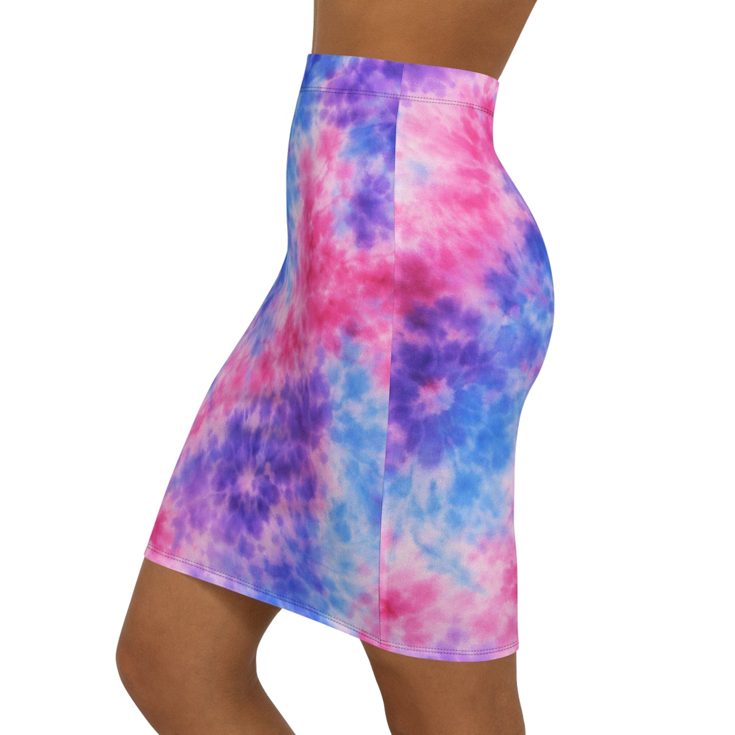 Tie-Dye Pencil Skirt — Pink & Blue Cloud Print Mid-Waist