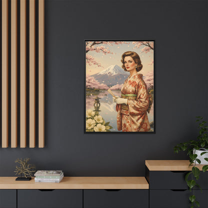 Framed Matte Canvas Art — Vintage Geisha in Kimono with Mount Fuji
