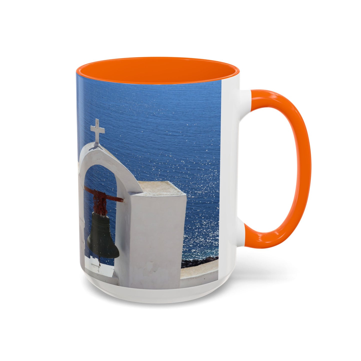 Santorini Bell Towers coffee mug | Greek island scene, blue sea accent mug